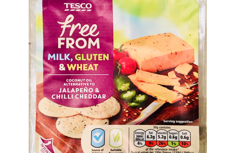 Tesco Free From Jalapeno and Chilli Cheese Alternative 200G Hold on to your Jalapenos – edible “cheese”.